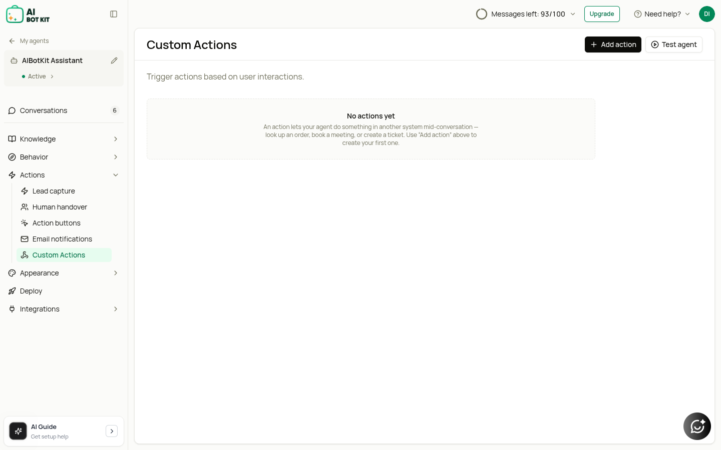 The Custom Actions screen, reached from Actions in the left sidebar