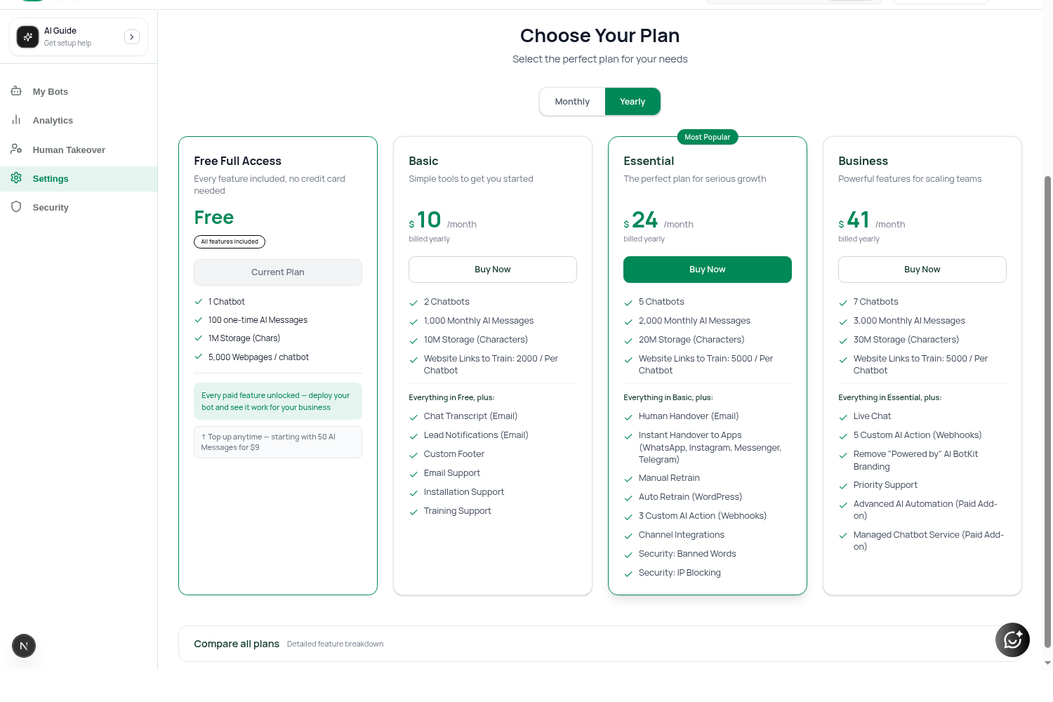 AI Bot Kit plans inside the dashboard