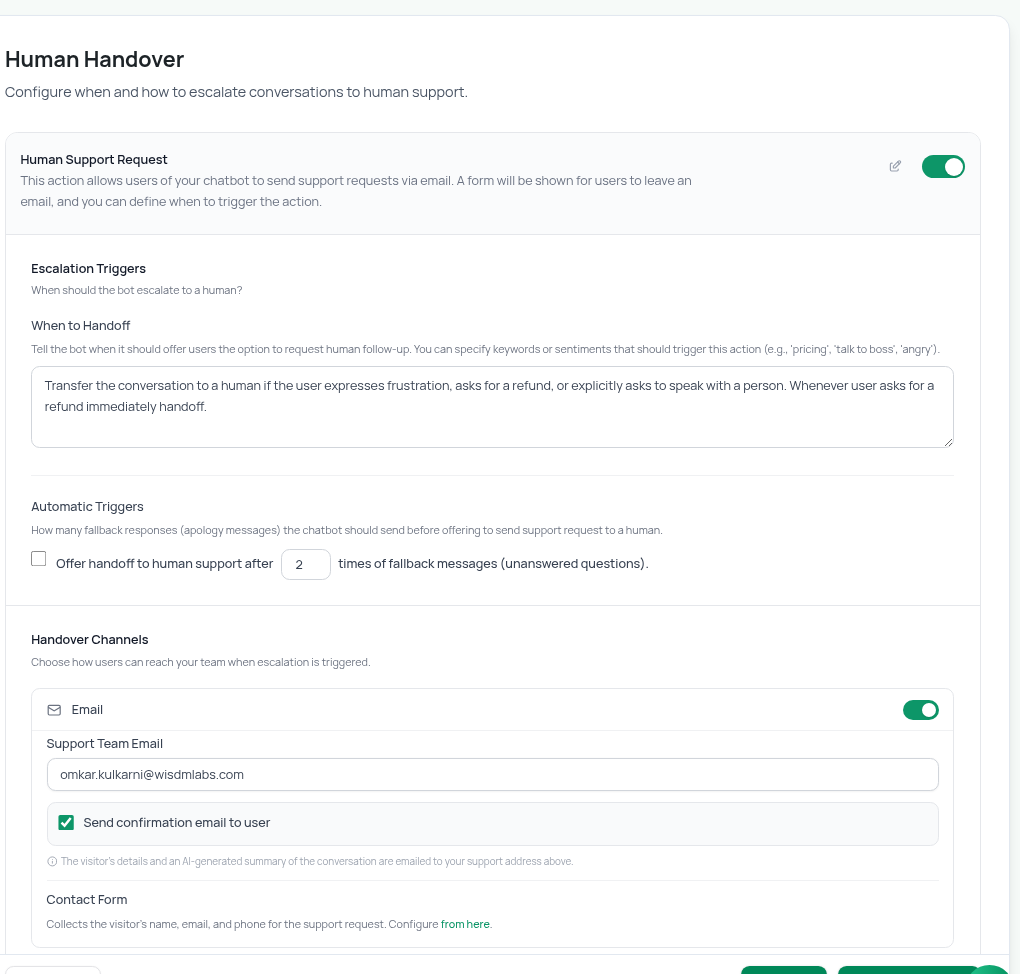 Human Handover configuration: escalation triggers and channels