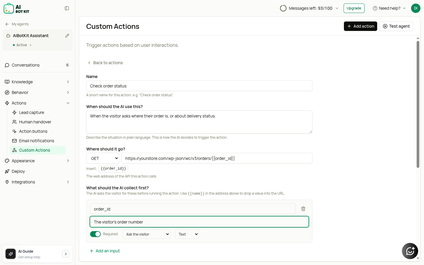 The action form: name, when to use it, where it goes, and the inputs to collect