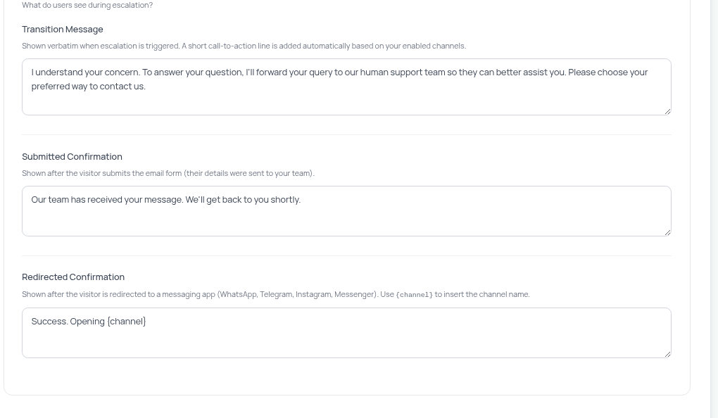 Transition, Submitted, and Redirected messages